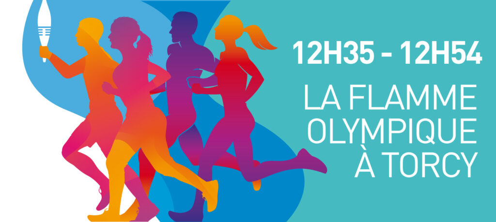 Bannière du passage de la flamme olympique à Torcy avec l'horaire : 12h35 - 12h54