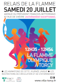 Affiche pour le passage de la flamme olympique à Torcy le samedi 20 juillet, de 12H35 à 12H54